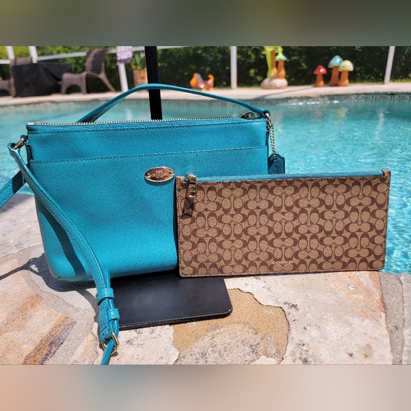 Coach Handbags - Coach East West Crossbody In Teal With Pop Out Pouch